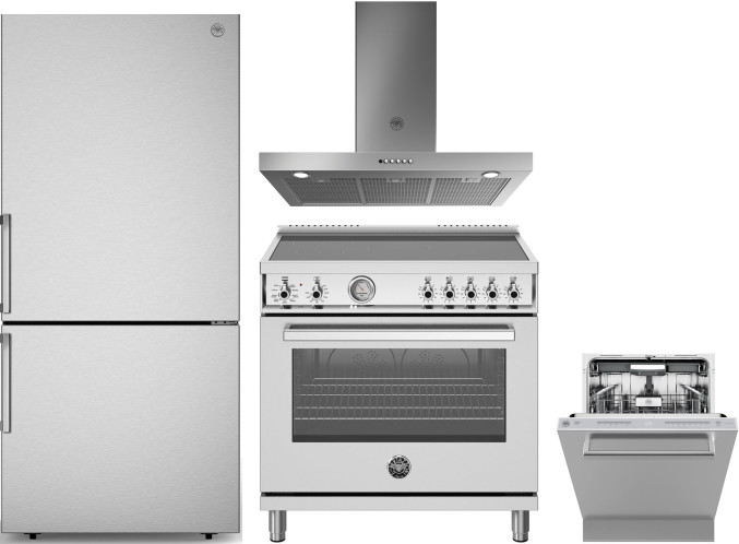 Bertazzoni 4 Piece Kitchen Appliances Package with Bottom Freezer Refrigerator, Induction Range and Dishwasher in Stainless Steel BERERADWRH1174
