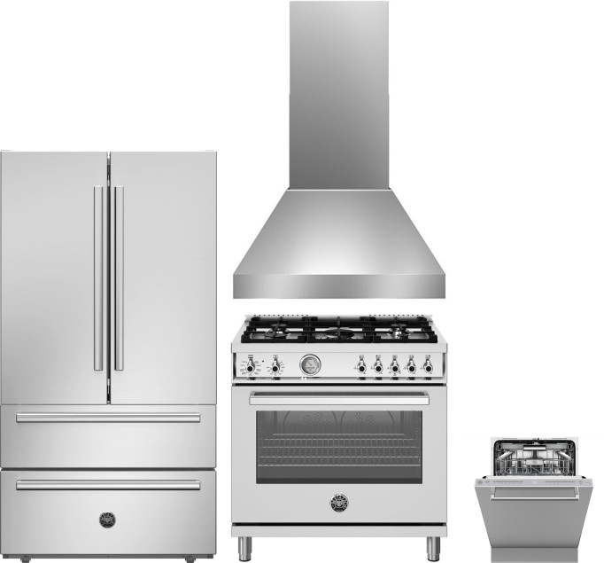 Bertazzoni 4 Piece Kitchen Appliances Package with French Door Refrigerator, Dual Fuel Range and Dishwasher in Stainless Steel BERERADWRH1175
