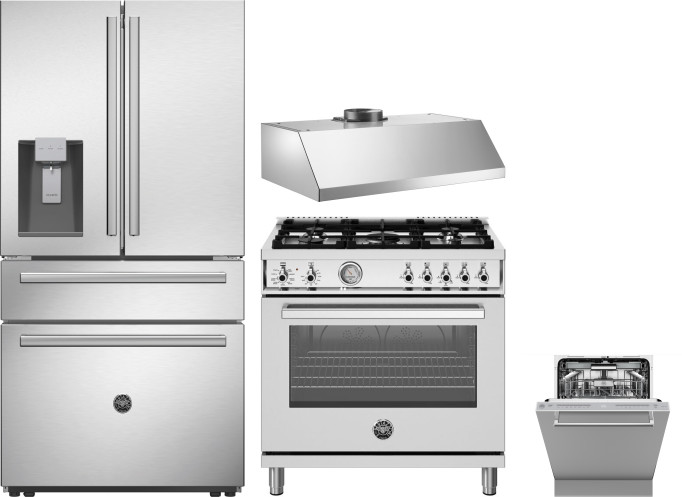Bertazzoni 4 Piece Kitchen Appliances Package with French Door Refrigerator, Dual Fuel Range and Dishwasher in Stainless Steel BERERADWRH1176