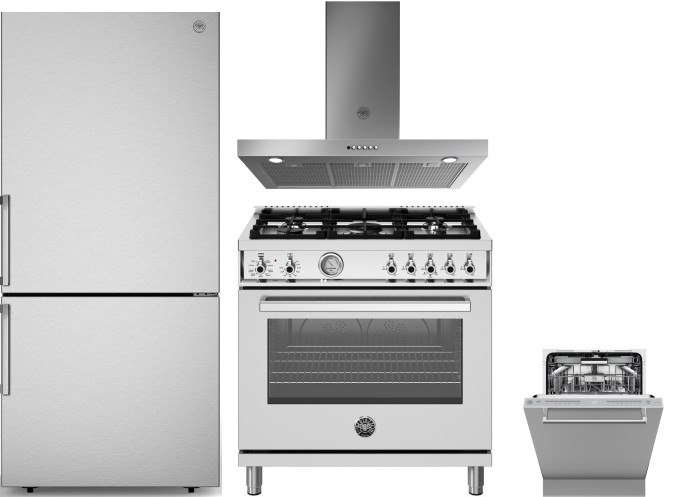 Bertazzoni 4 Piece Kitchen Appliances Package with Bottom Freezer Refrigerator, Dual Fuel Range and Dishwasher in Stainless Steel BERERADWRH1177