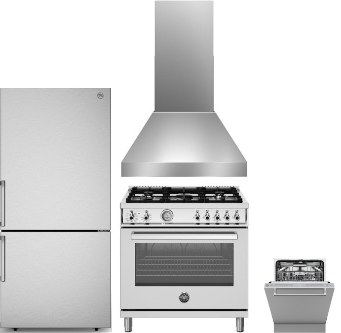 Bertazzoni 4 Piece Kitchen Appliances Package with Bottom Freezer Refrigerator, Dual Fuel Range and Dishwasher in Stainless Steel BERERADWRH1178
