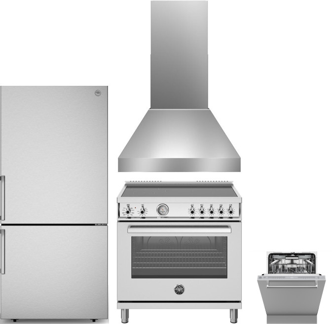 Bertazzoni 4 Piece Kitchen Appliances Package with Bottom Freezer Refrigerator, Induction Range and Dishwasher in Stainless Steel BERERADWRH1181