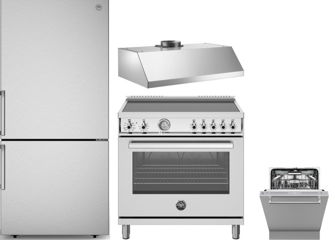 Bertazzoni 4 Piece Kitchen Appliances Package with Bottom Freezer Refrigerator, Induction Range and Dishwasher in Stainless Steel BERERADWRH1182