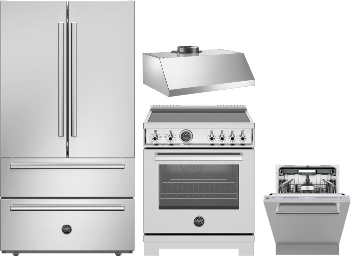 Bertazzoni 4 Piece Kitchen Appliances Package with French Door Refrigerator, Induction Range and Dishwasher in Stainless Steel BERERADWRH1183