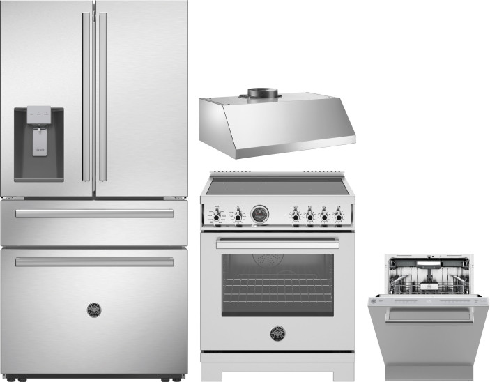 Bertazzoni 4 Piece Kitchen Appliances Package with French Door Refrigerator, Induction Range and Dishwasher in Stainless Steel BERERADWRH1184
