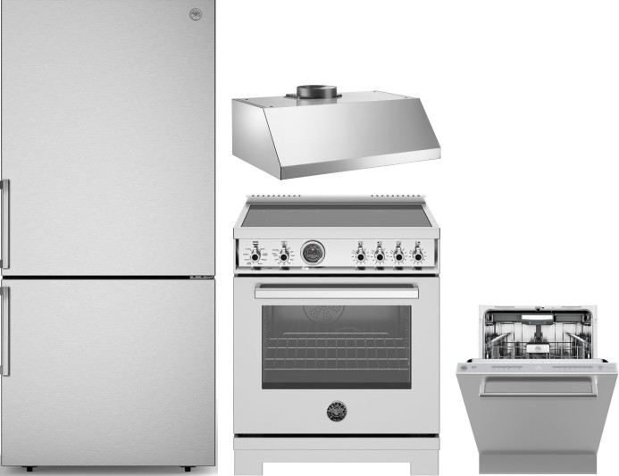 Bertazzoni 4 Piece Kitchen Appliances Package with Bottom Freezer Refrigerator, Induction Range and Dishwasher in Stainless Steel BERERADWRH1185