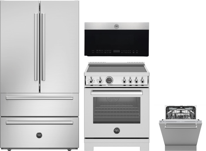 Bertazzoni 4 Piece Kitchen Appliances Package with French Door Refrigerator, Induction Range, Dishwasher and Over the Range Microwave in Stainless Ste