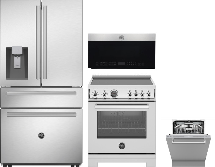 Bertazzoni 4 Piece Kitchen Appliances Package with French Door Refrigerator, Induction Range, Dishwasher and Over the Range Microwave in Stainless Ste