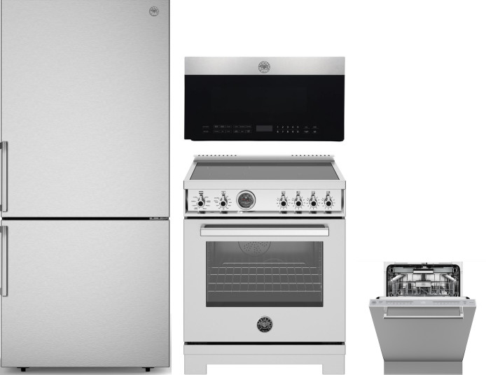 Bertazzoni 4 Piece Kitchen Appliances Package with Bottom Freezer Refrigerator, Induction Range, Dishwasher and Over the Range Microwave in Stainless 
