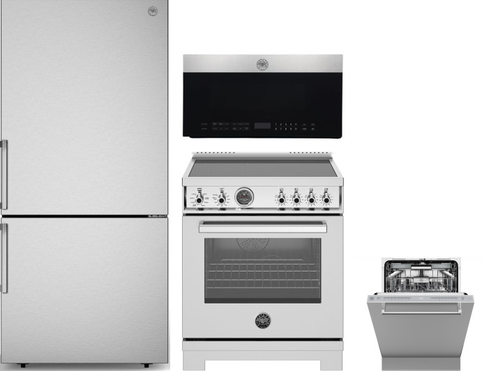 Bertazzoni 4 Piece Kitchen Appliances Package with Bottom Freezer Refrigerator, Induction Range, Dishwasher and Over the Range Microwave in Stainless 