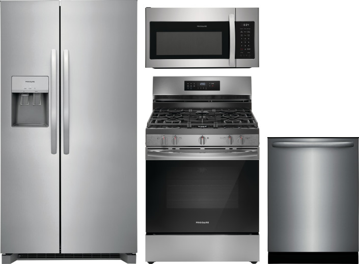 Frigidaire 4 Piece Kitchen Appliances Package with Gas Range, Over the Range Microwave, Side-by-Side Refrigerator and Dishwasher in Stainless Steel FR