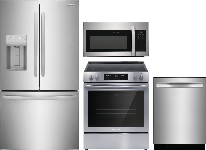 Frigidaire 4 Piece Kitchen Appliances Package with Electric Range, Over the Range Microwave, French Door Refrigerator and Dishwasher in Stainless Stee