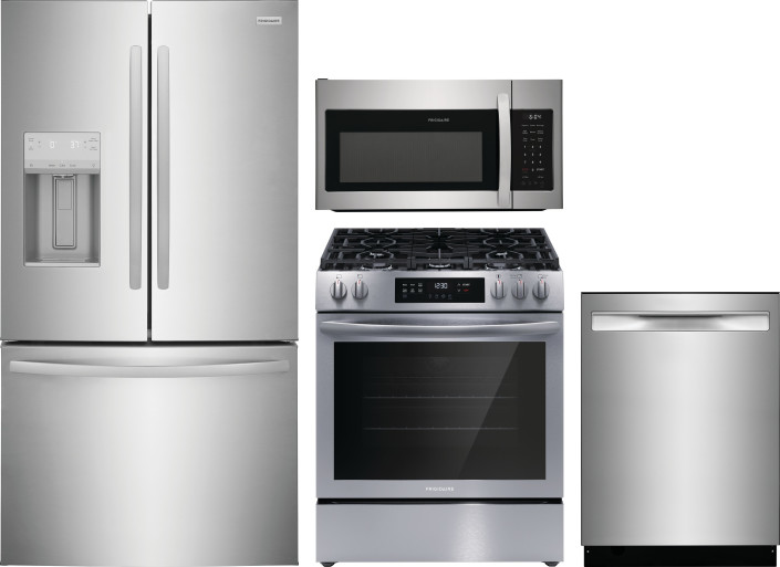 Frigidaire 4 Piece Kitchen Appliances Package with Gas Range, Over the Range Microwave, French Door Refrigerator and Dishwasher in Stainless Steel FRR