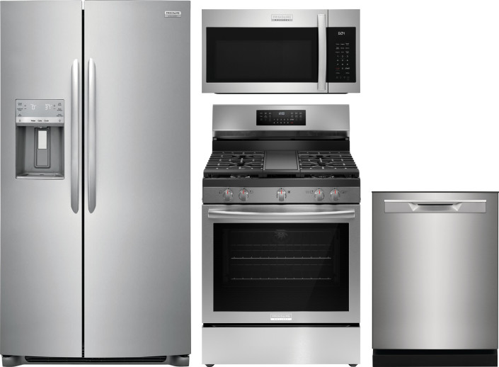 Frigidaire Gallery 4 Piece Kitchen Appliances Package with Gas Range, Over the Range Microwave, Side-by-Side Refrigerator and Dishwasher in Stainless 