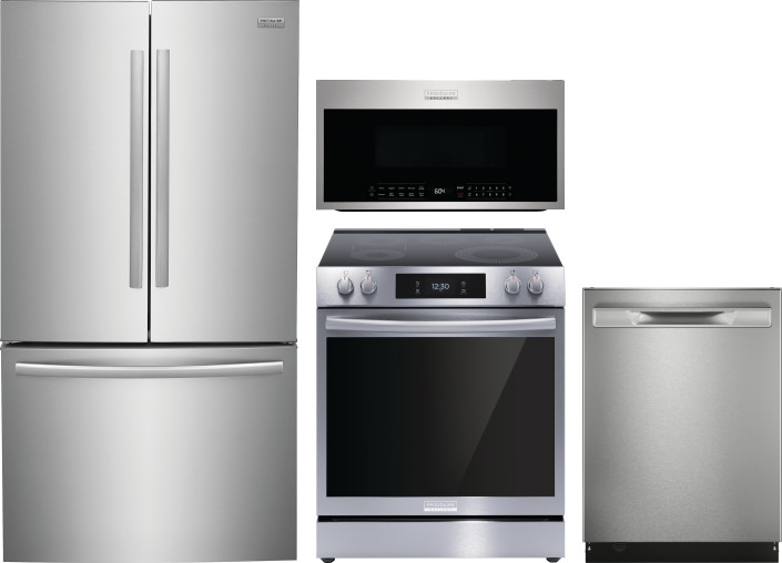 Frigidaire Gallery 4 Piece Kitchen Appliances Package with Electric Range, Over the Range Microwave, French Door Refrigerator and Dishwasher in Stainl