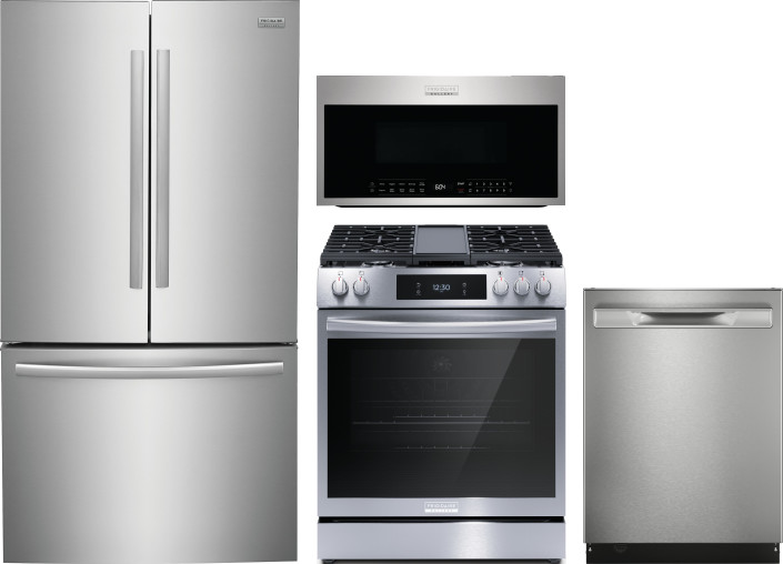 Frigidaire Gallery 4 Piece Kitchen Appliances Package with Gas Range, Over the Range Microwave, French Door Refrigerator and Dishwasher in Stainless S