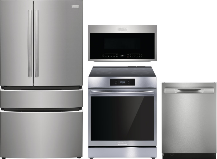 Frigidaire Gallery 4 Piece Kitchen Appliances Package with Induction Range, Over the Range Microwave, French Door Refrigerator and Dishwasher in Stain