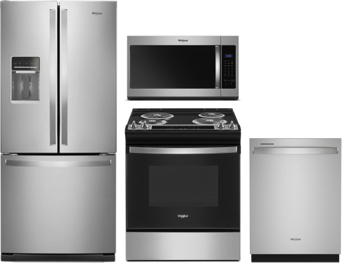 Whirlpool 4 Piece Kitchen Appliances Package with French Door Refrigerator, Electric Range, Dishwasher and Over the Range Microwave in Stainless Steel
