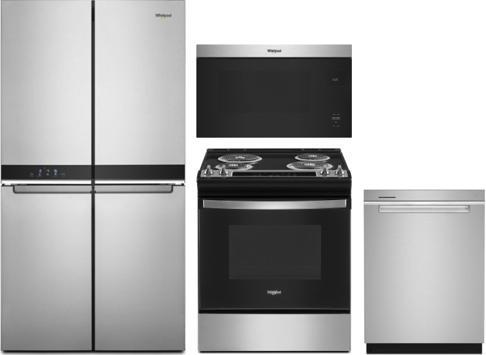 Whirlpool 4 Piece Kitchen Appliances Package with French Door Refrigerator, Electric Range, Dishwasher and Over the Range Microwave in Stainless Steel