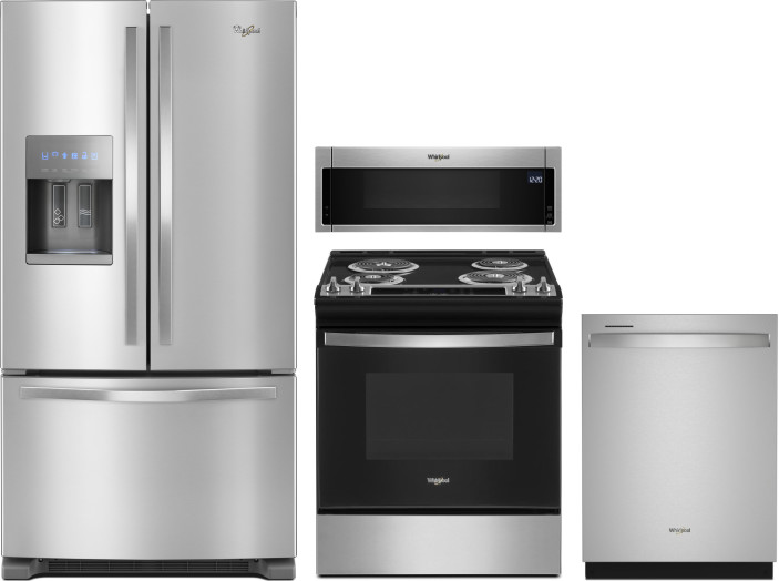 Whirlpool 4 Piece Kitchen Appliances Package with French Door Refrigerator, Electric Range, Dishwasher and Over the Range Microwave in Stainless Steel