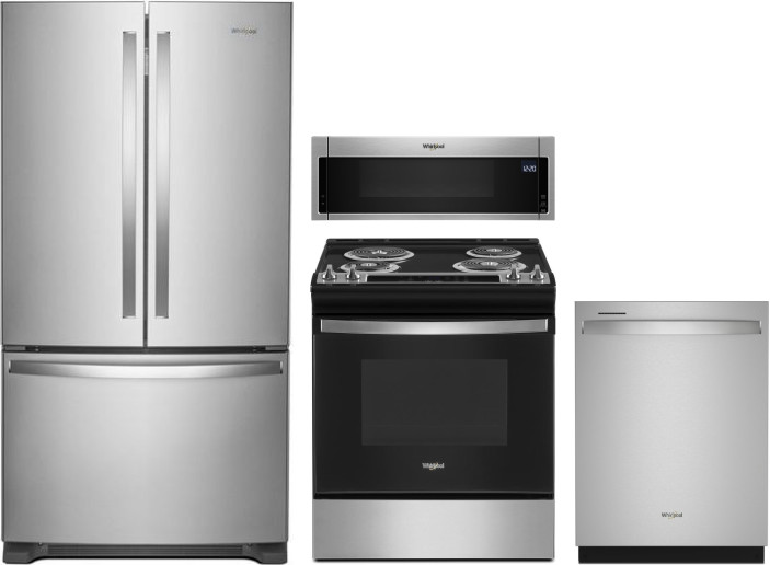 Whirlpool 4 Piece Kitchen Appliances Package with French Door Refrigerator, Electric Range, Dishwasher and Over the Range Microwave in Stainless Steel