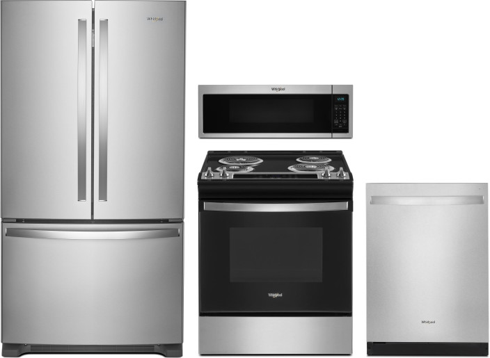 Whirlpool 4 Piece Kitchen Appliances Package with French Door Refrigerator, Electric Range, Dishwasher and Over the Range Microwave in Stainless Steel