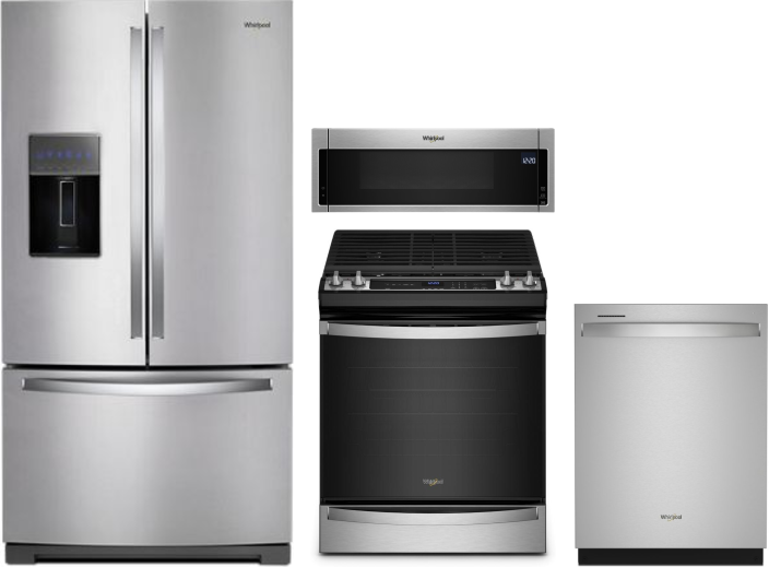Whirlpool 4 Piece Kitchen Appliances Package with French Door Refrigerator, Gas Range, Dishwasher and Over the Range Microwave in Stainless Steel WPRE