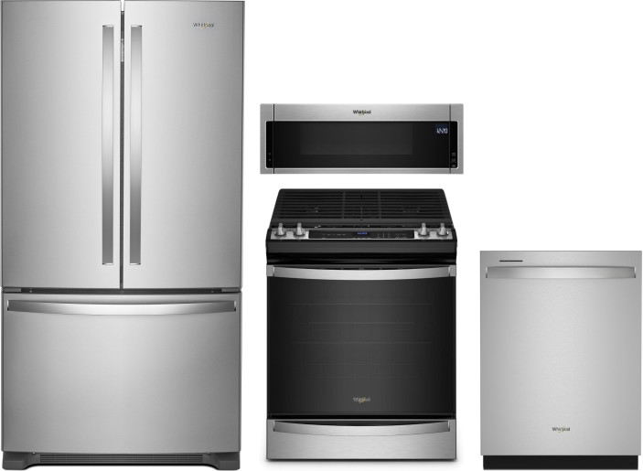 Whirlpool 4 Piece Kitchen Appliances Package with French Door Refrigerator, Gas Range, Dishwasher and Over the Range Microwave in Stainless Steel WPRE