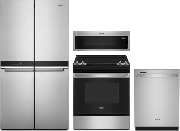 Whirlpool 4 Piece Kitchen Appliances Package with French Door Refrigerator, Electric Range, Dishwasher and Over the Range Microwave in Stainless Steel