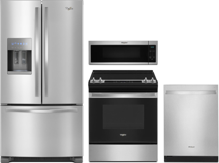 Whirlpool 4 Piece Kitchen Appliances Package with French Door Refrigerator, Electric Range, Dishwasher and Over the Range Microwave in Stainless Steel