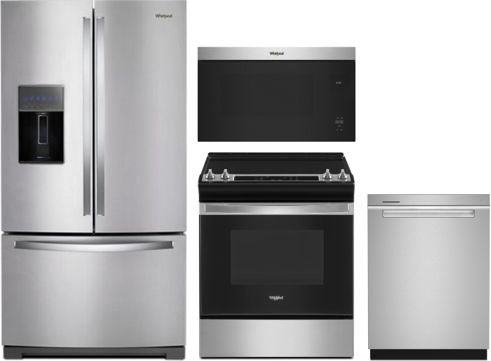 Whirlpool 4 Piece Kitchen Appliances Package with French Door Refrigerator, Electric Range, Dishwasher and Over the Range Microwave in Stainless Steel