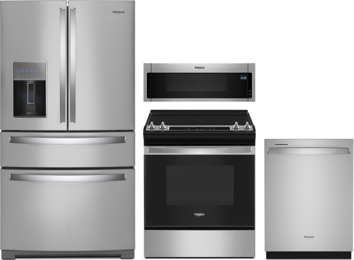 Whirlpool 4 Piece Kitchen Appliances Package with French Door Refrigerator, Electric Range, Dishwasher and Over the Range Microwave in Stainless Steel