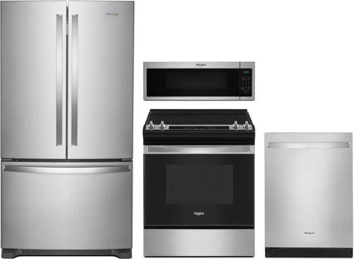 Whirlpool 4 Piece Kitchen Appliances Package with French Door Refrigerator, Electric Range, Dishwasher and Over the Range Microwave in Stainless Steel