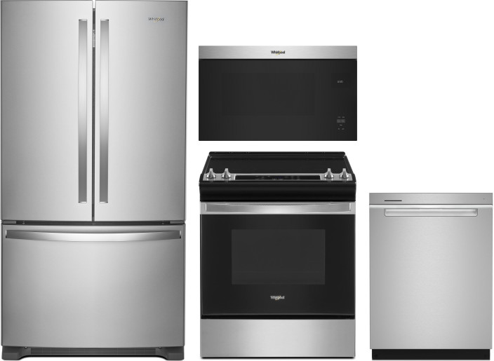 Whirlpool 4 Piece Kitchen Appliances Package with French Door Refrigerator, Electric Range, Dishwasher and Over the Range Microwave in Stainless Steel
