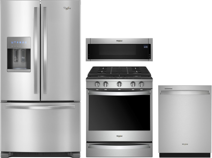 Whirlpool 4 Piece Kitchen Appliances Package with French Door Refrigerator, Gas Range, Dishwasher and Over the Range Microwave in Stainless Steel WPRE
