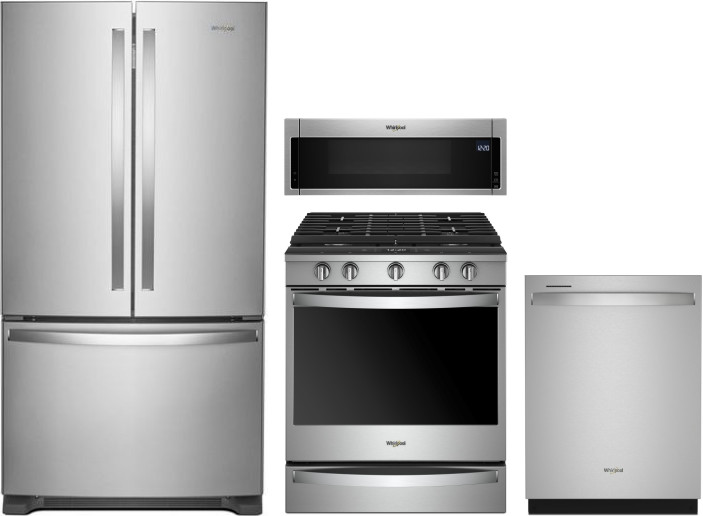 Whirlpool 4 Piece Kitchen Appliances Package with French Door Refrigerator, Gas Range, Dishwasher and Over the Range Microwave in Stainless Steel WPRE