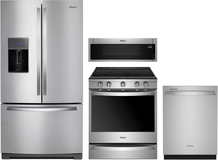 Whirlpool 4 Piece Kitchen Appliances Package with French Door Refrigerator, Electric Range, Dishwasher and Over the Range Microwave in Stainless Steel