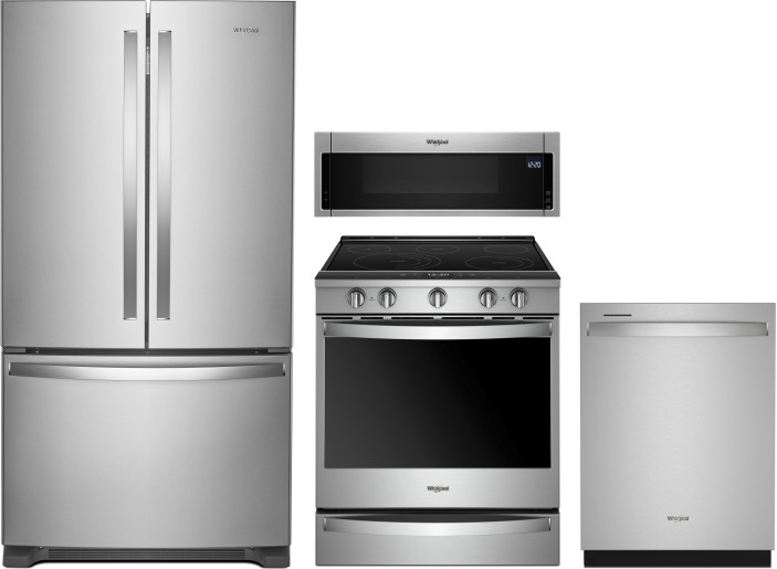 Whirlpool 4 Piece Kitchen Appliances Package with French Door Refrigerator, Electric Range, Dishwasher and Over the Range Microwave in Stainless Steel