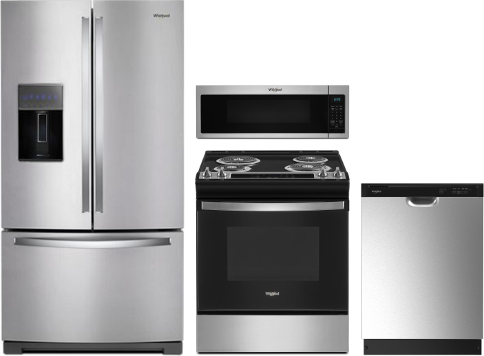 Whirlpool 4 Piece Kitchen Appliances Package with French Door Refrigerator, Electric Range, Dishwasher and Over the Range Microwave in Stainless Steel