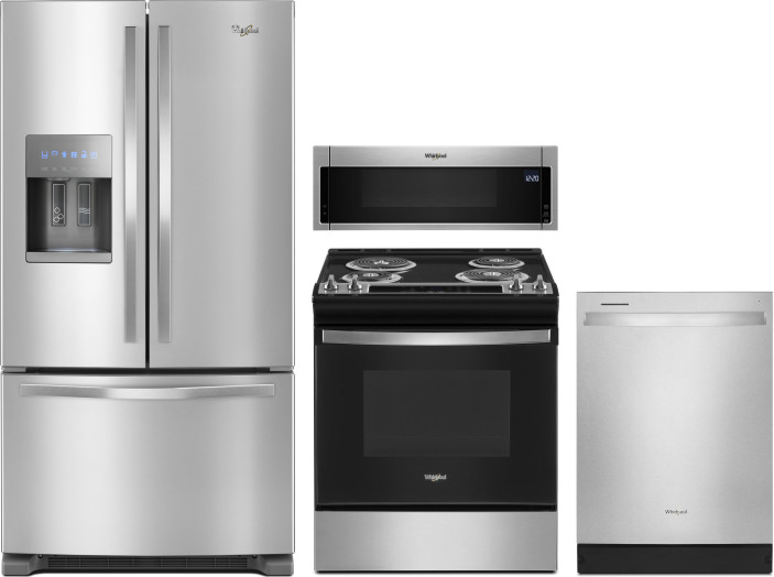 Whirlpool 4 Piece Kitchen Appliances Package with French Door Refrigerator, Electric Range, Dishwasher and Over the Range Microwave in Stainless Steel