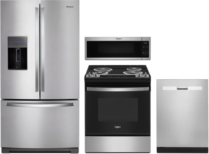 Whirlpool 4 Piece Kitchen Appliances Package with French Door Refrigerator, Electric Range, Dishwasher and Over the Range Microwave in Stainless Steel