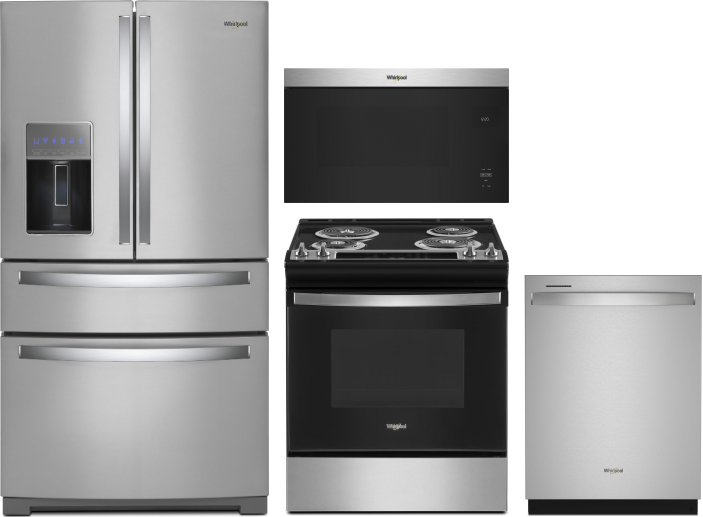 Whirlpool 4 Piece Kitchen Appliances Package with French Door Refrigerator, Electric Range, Dishwasher and Over the Range Microwave in Stainless Steel