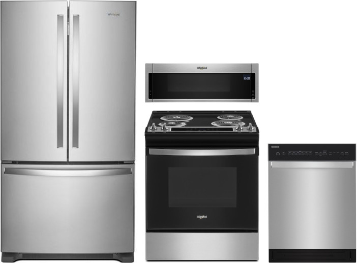 Whirlpool 4 Piece Kitchen Appliances Package with French Door Refrigerator, Electric Range, Dishwasher and Over the Range Microwave in Stainless Steel