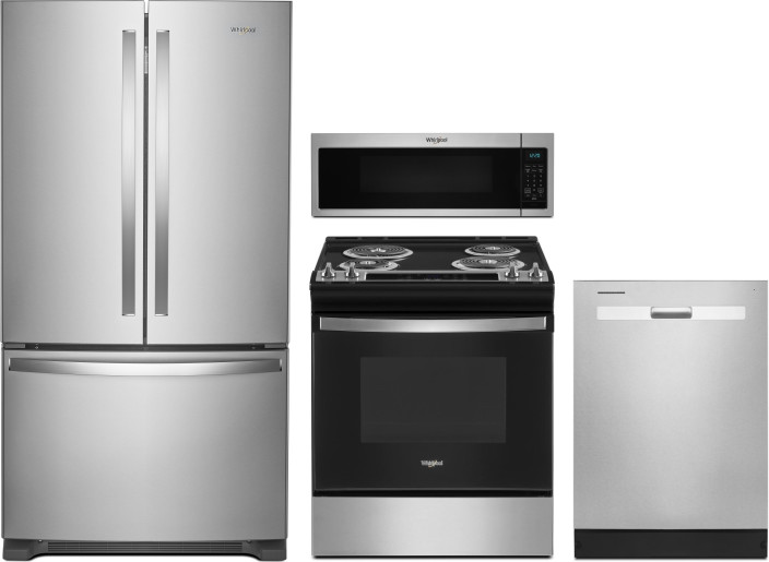 Whirlpool 4 Piece Kitchen Appliances Package with French Door Refrigerator, Electric Range, Dishwasher and Over the Range Microwave in Stainless Steel