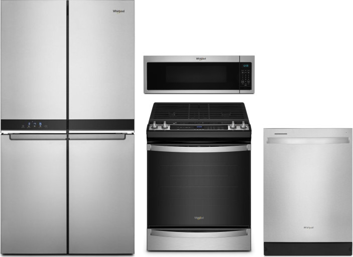 Whirlpool 4 Piece Kitchen Appliances Package with French Door Refrigerator, Gas Range, Dishwasher and Over the Range Microwave in Stainless Steel WPRE