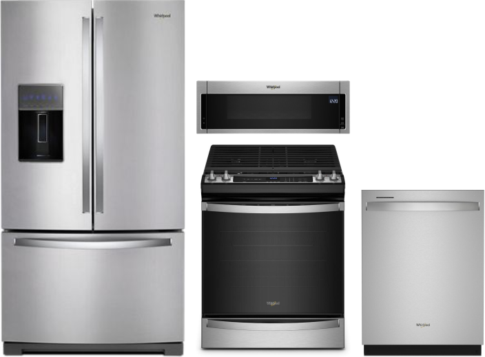 Whirlpool 4 Piece Kitchen Appliances Package with French Door Refrigerator, Gas Range, Dishwasher and Over the Range Microwave in Stainless Steel WPRE
