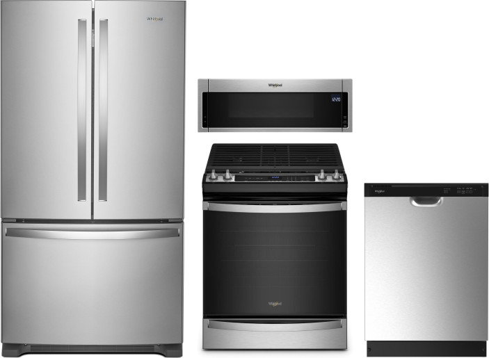 Whirlpool 4 Piece Kitchen Appliances Package with French Door Refrigerator, Gas Range, Dishwasher and Over the Range Microwave in Stainless Steel WPRE