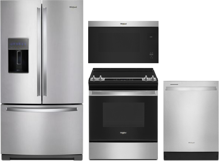 Whirlpool 4 Piece Kitchen Appliances Package with French Door Refrigerator, Electric Range, Dishwasher and Over the Range Microwave in Stainless Steel
