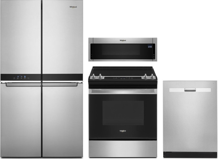 Whirlpool 4 Piece Kitchen Appliances Package with French Door Refrigerator, Electric Range, Dishwasher and Over the Range Microwave in Stainless Steel