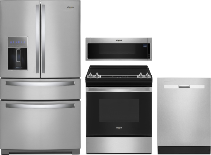 Whirlpool 4 Piece Kitchen Appliances Package with French Door Refrigerator, Electric Range, Dishwasher and Over the Range Microwave in Stainless Steel